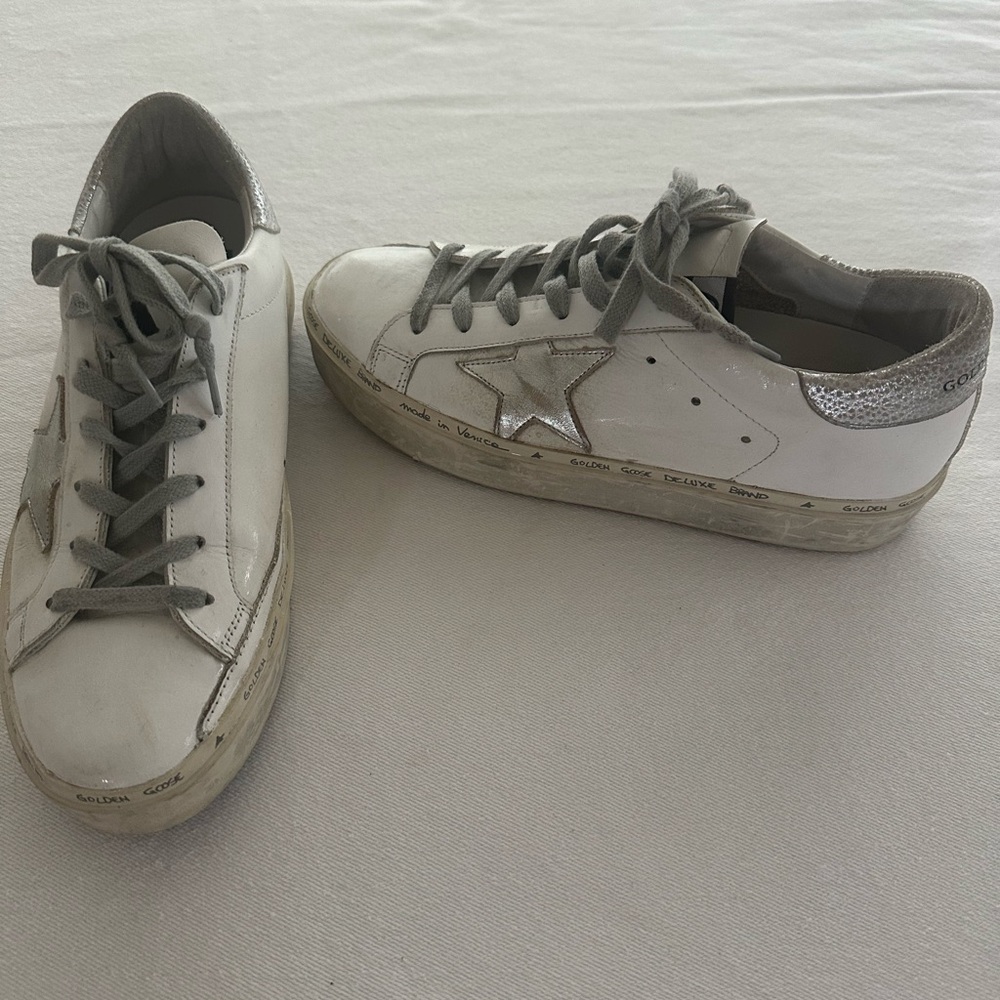 Golden Goose Platform Women's White and Silver Star Sneakers